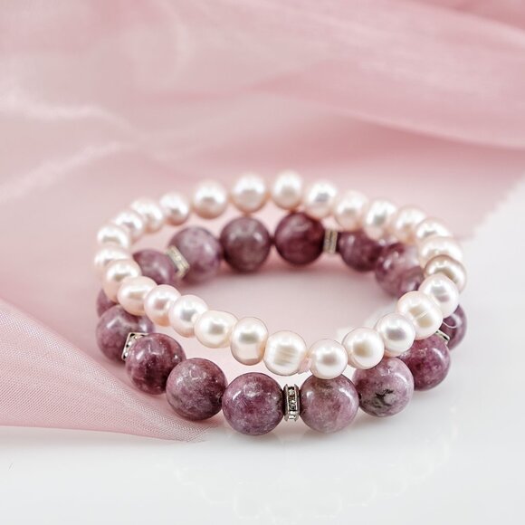 Pearl & Lepidolite Dainty Bracelet Set, Set of 2 Stretch Bracelets - Picture 9 of 11